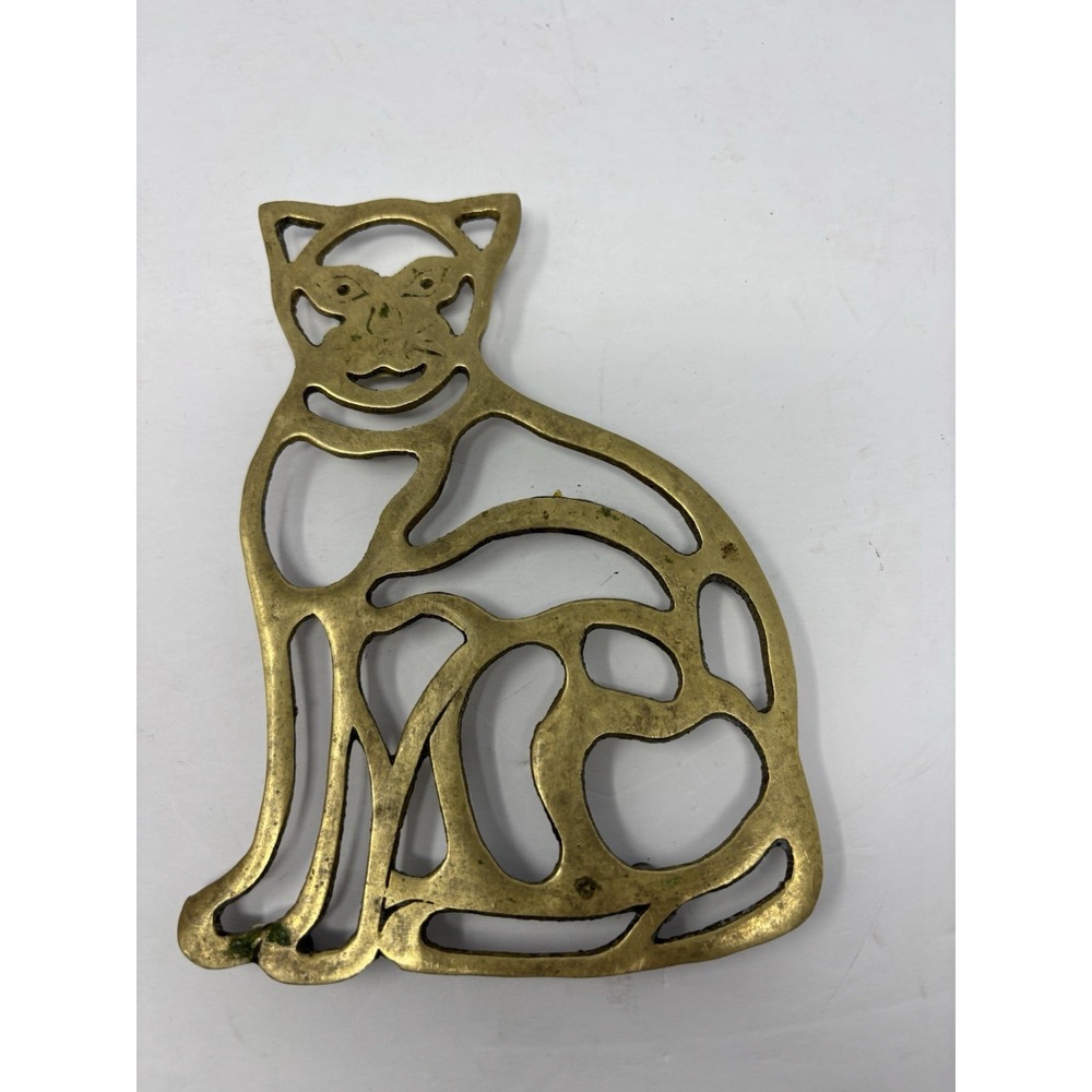 Vintage 1980s Solid Brass Kitty Cat Trivet Stamped Mann